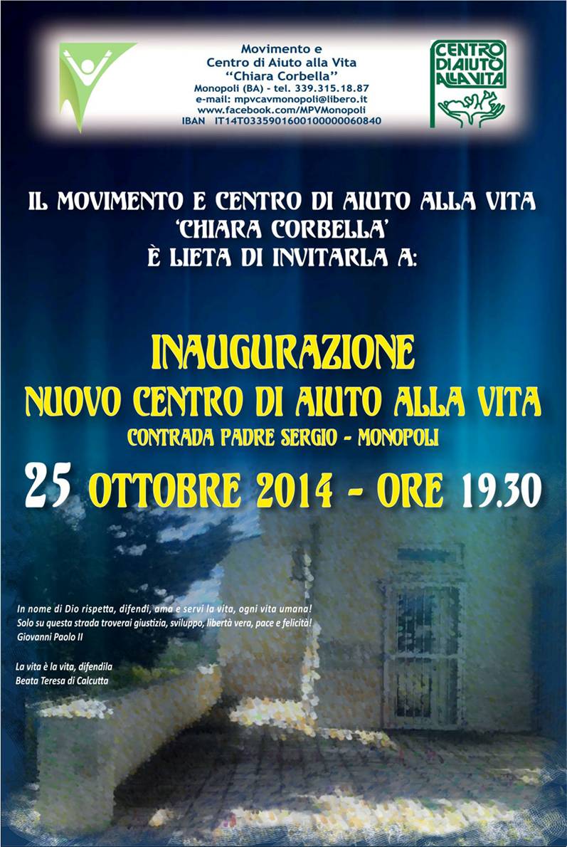 Monopoli: inaugurazione del “Centro di aiuto alla vita”