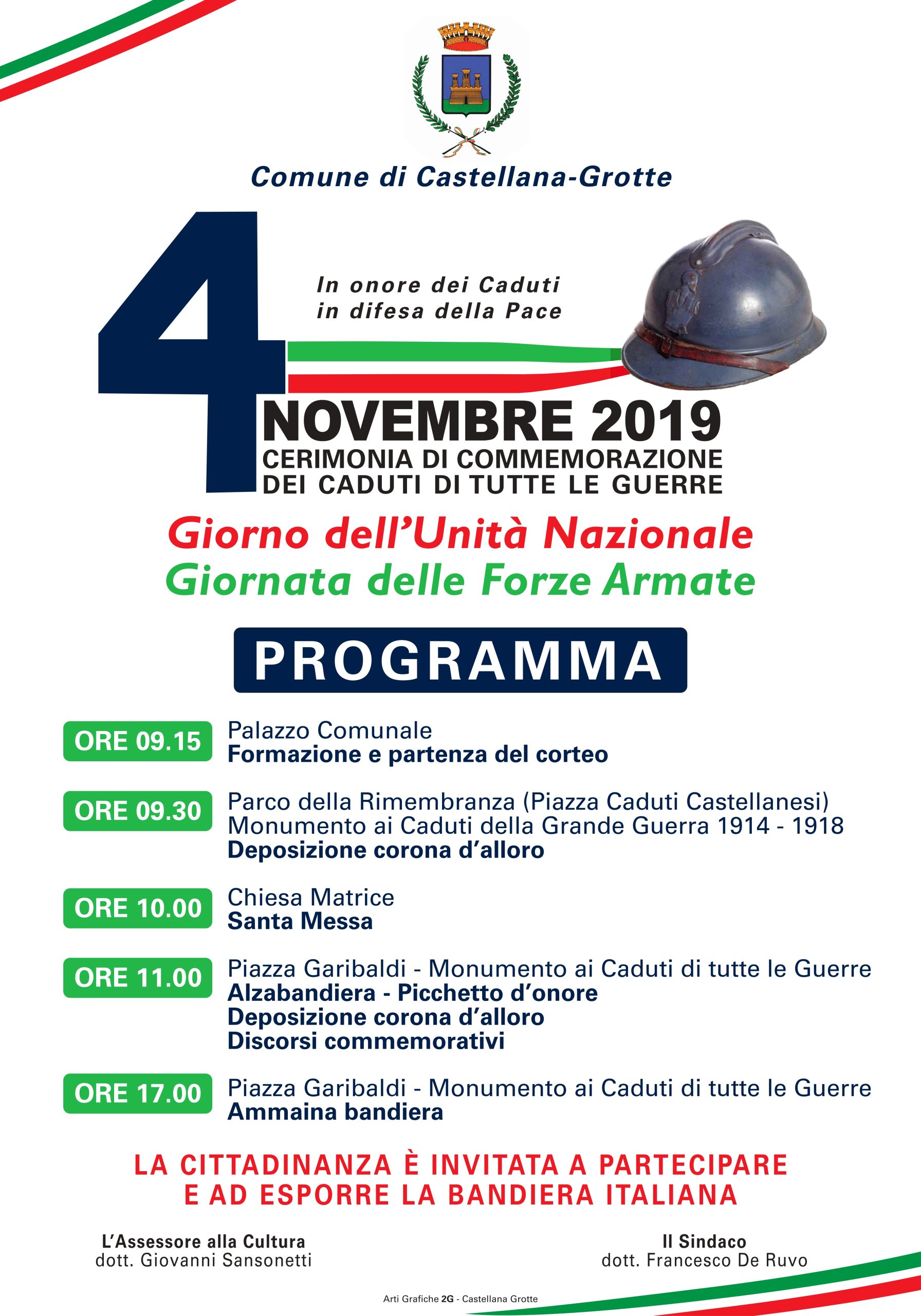 Castellana Grotte: 4 novembre, Giornata dell’Unità Nazionale e delle Forze Armate