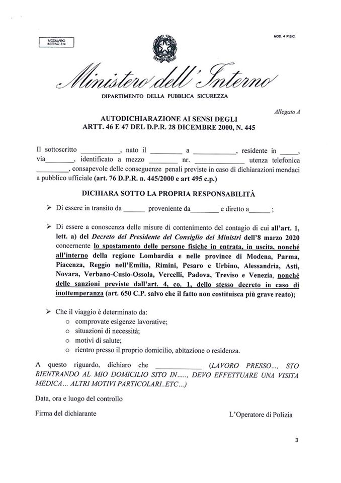 Facsimile autocertificazione per gli spostamenti