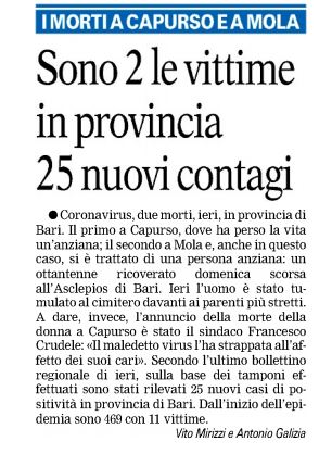RASSEGNA STAMPA 29/3 Gazzetta: “Morti a Mola e Capurso”