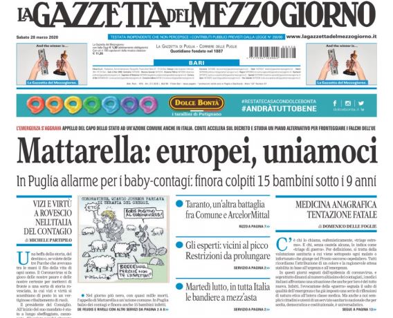 PRIME PAGINE 28/03 La Gazzetta: “In Puglia allarme baby contagi”