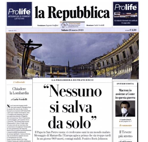 PRIME PAGINE 28/03 La Repubblica: “Nessuno si salva da solo”