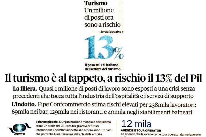 Rassegna stampa 29/3 Il Sole: “Turismo, a rischio 13% Pil”