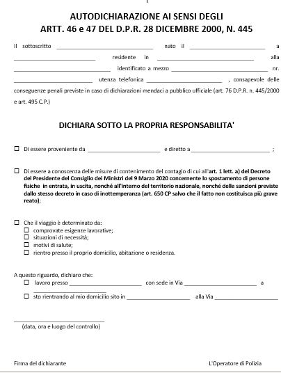 Autodichiarazione spostamenti, modello definitivo