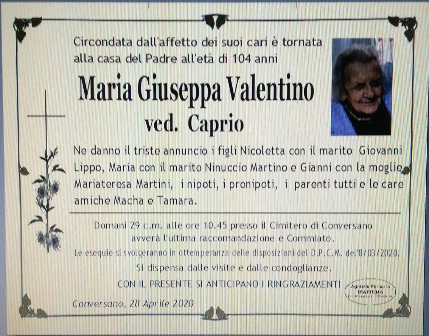 Morta a 104 anni Giuseppina Valentino, nonna di Conversano