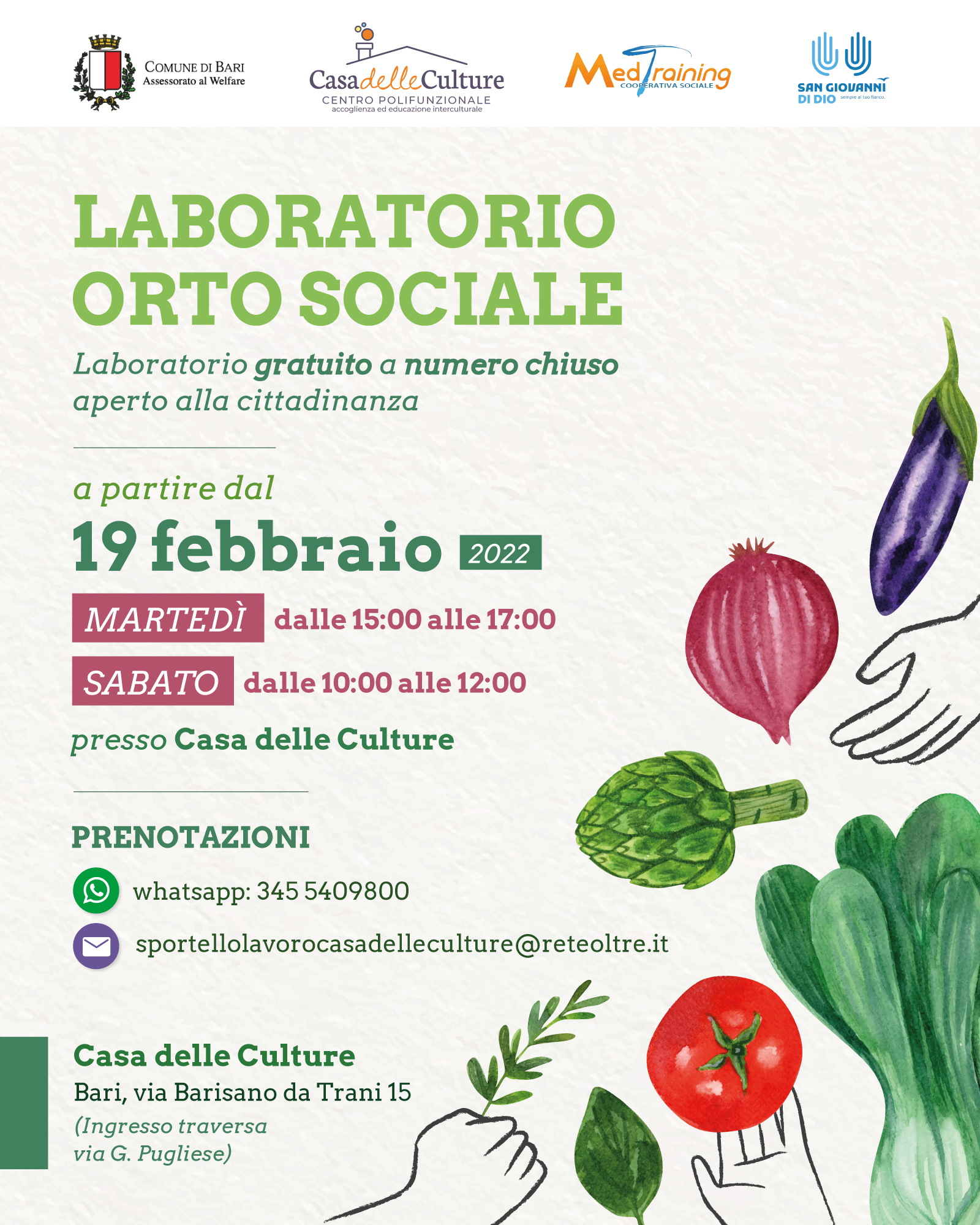 Bari, da oggi al via il Laboratorio di Orto sociale