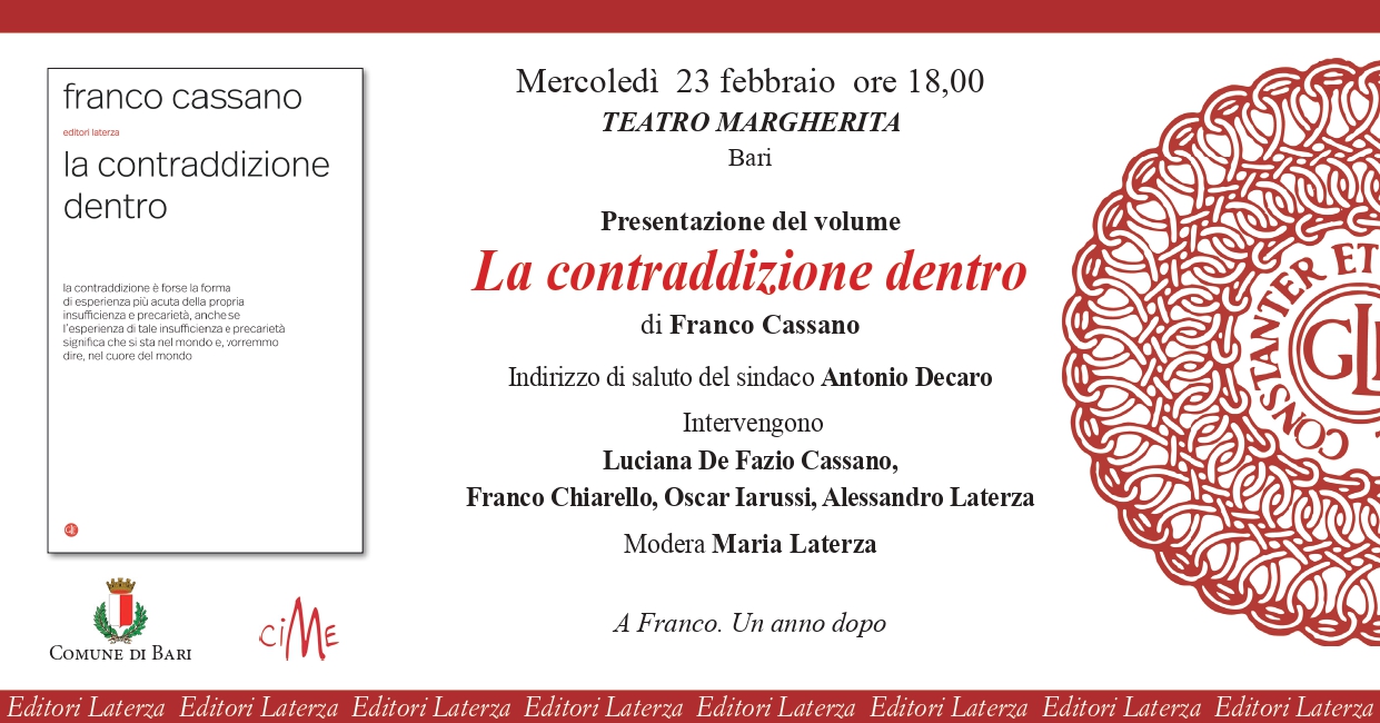 Bari, domani la presentazione dell’ultimo libro di Franco Cassano, “La contraddizione dentro”