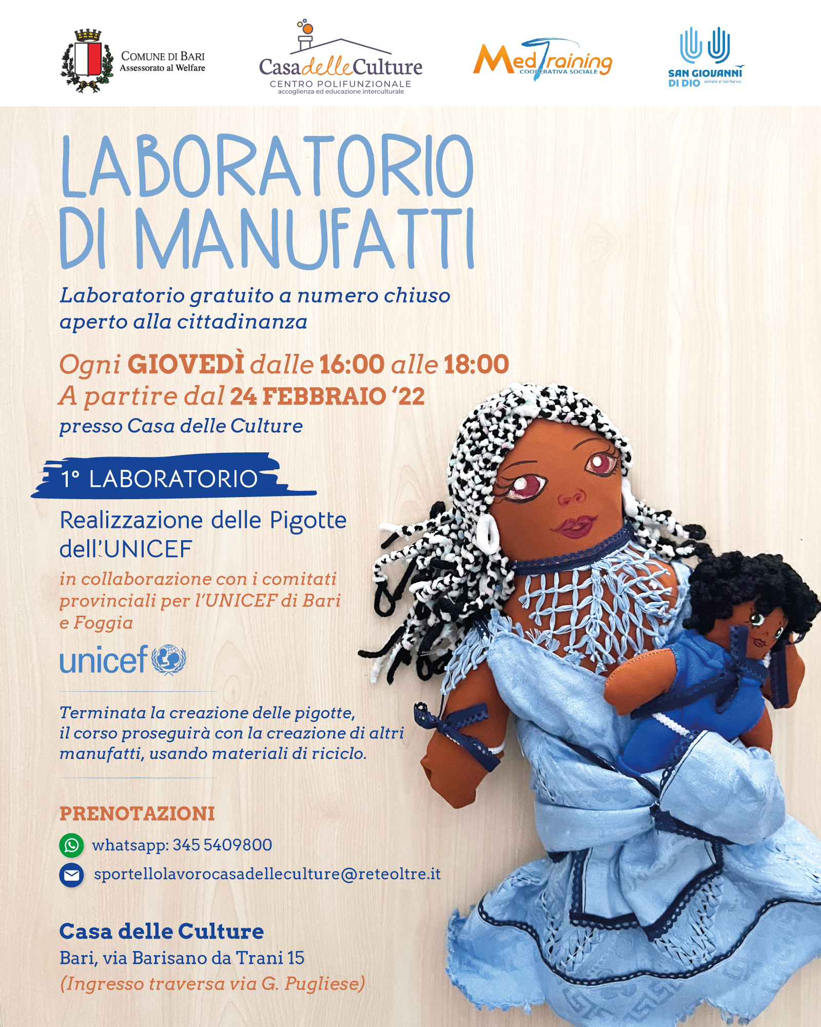 Bari, al via domani il laboratorio artigianale per la creazione delle Pigotte