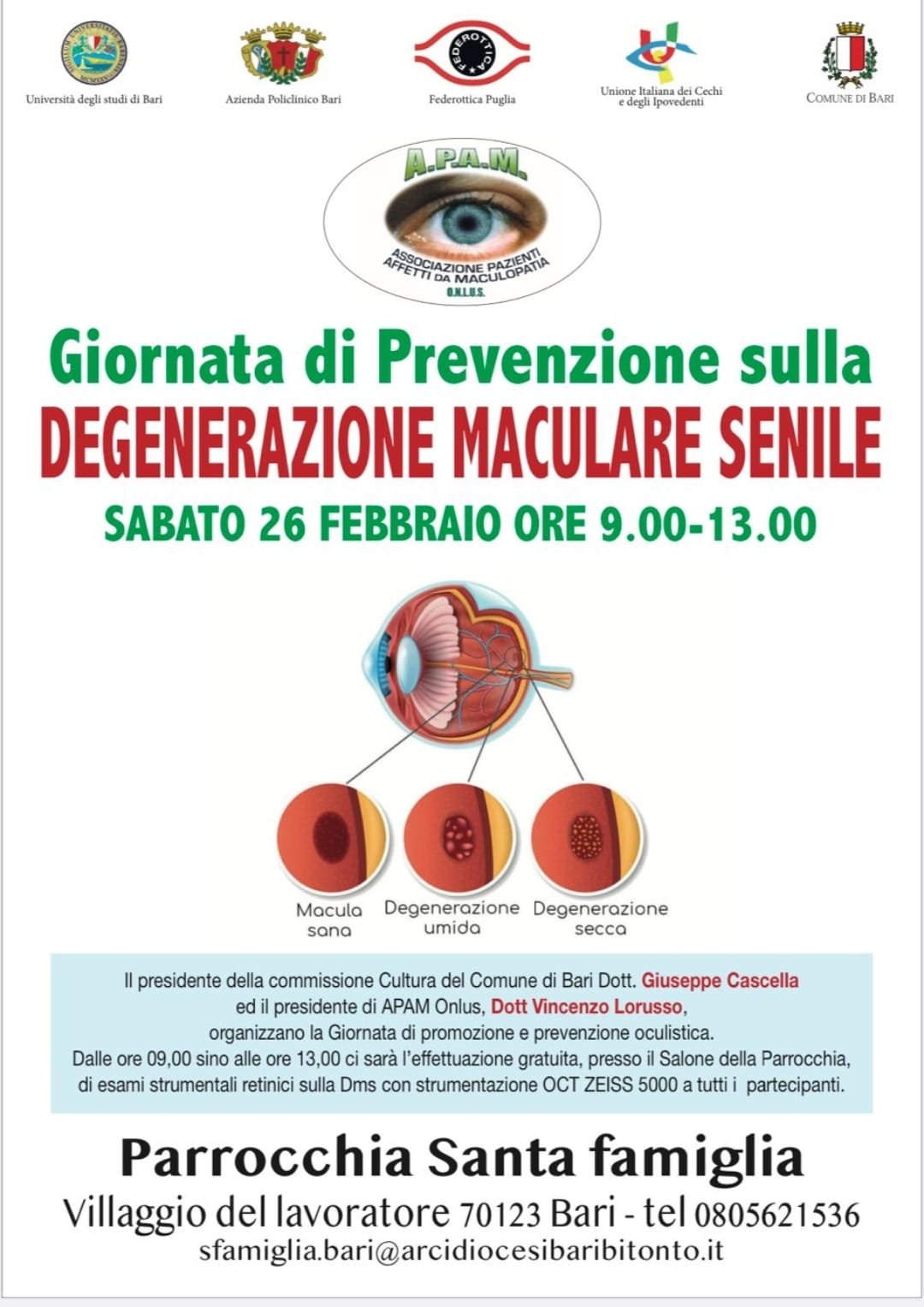 Bari, sabato la giornata di prevenzione oculistica APAM al Villaggio del Lavoratore
