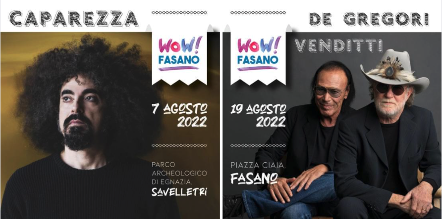 «Wow! Fasano», si parte con De Gregori-Venditti e Caparezza