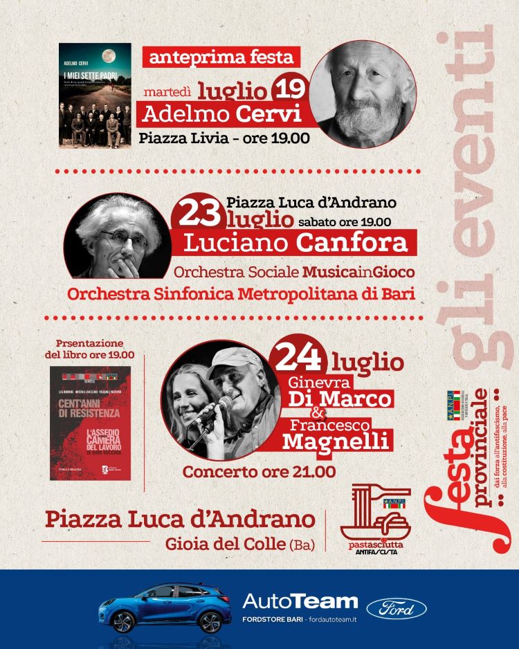 Gioia, Adelmo Cervi per la festa provinciale dell’ANPI di Bari