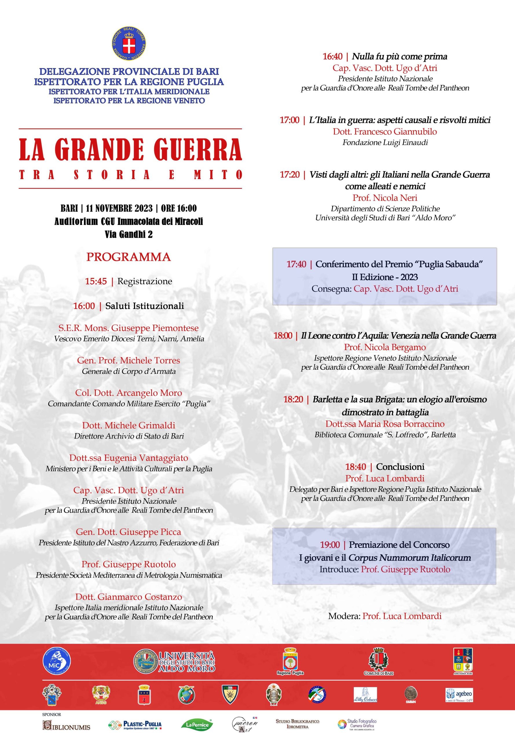 A Bari, l’11 novembre il convegno “La Grande Guerra tra storia e mito”