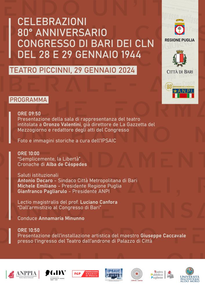 Bari, 80° anniversario del congresso dei CNL alla presenza del Presidente Mattarella: il programma della cerimonia