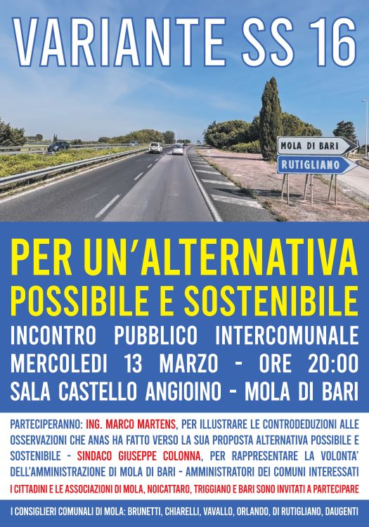 Mola, il 13 marzo un incontro pubblico sulla variante alla Strada Statale 16 nel tratto Bari-Mola