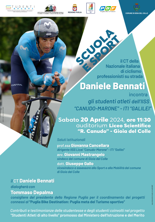 Gioia del Colle, il commissario tecnico della Nazionale italiana di ciclismo su strada professionisti, Daniele Bennati nell’auditorium del Liceo Scientifico