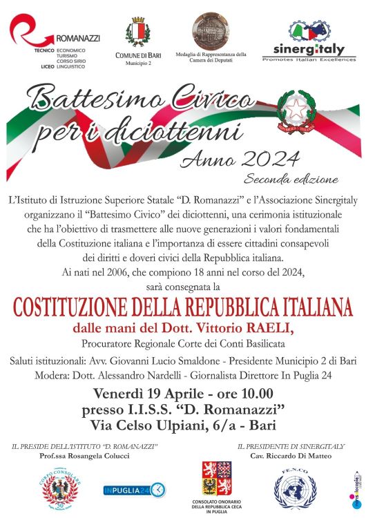 Bari, venerdì 19 aprile il “Battesimo Civico” dei diciottenni