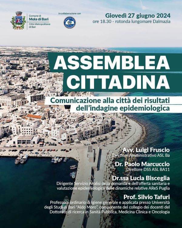 Mola, Assemblea Cittadina a Mola di Bari con i risultati dell’indagine epidemiologica