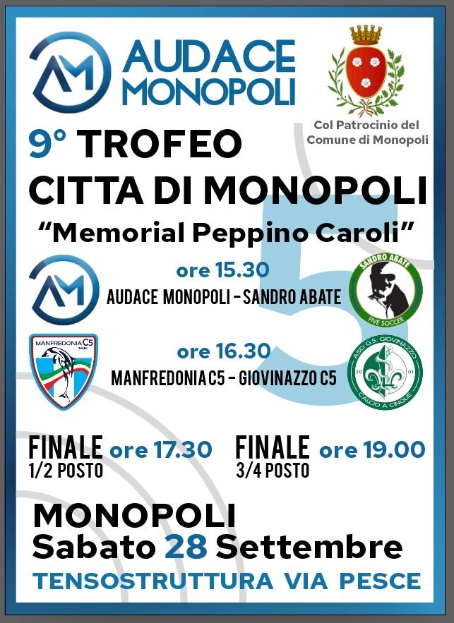 Monopoli, SABATO IL QUADRANGOLARE “MEMORIAL PEPPINO CAROLI”: IL PROGRAMMA DELL’EVENTO