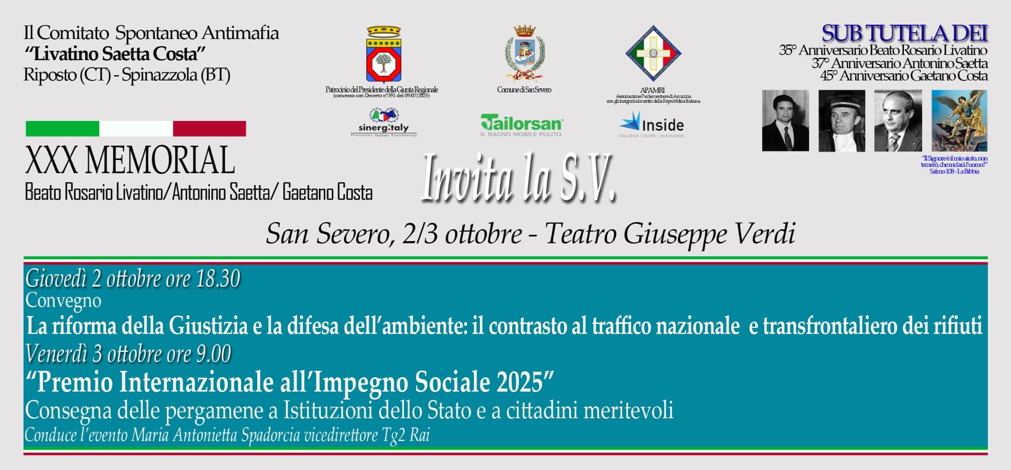 San Severo ospita la XXX edizione del Memorial dedicato ai giudici Livatino, Saetta e Costa