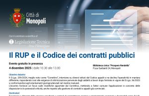 Monopoli, formazione su RUP e Codice dei contratti pubblici: incontro gratuito il 4 dicembre