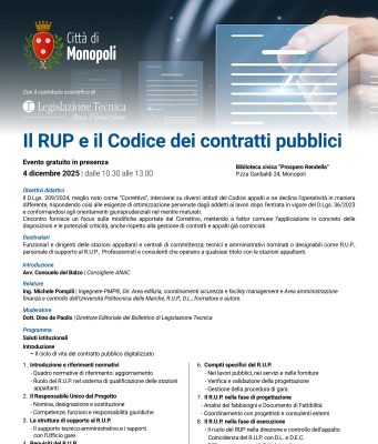 Monopoli, formazione su RUP e Codice dei contratti pubblici: incontro gratuito il 4 dicembre