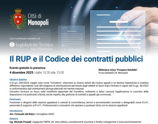 Monopoli, formazione su RUP e Codice dei contratti pubblici: incontro gratuito il 4 dicembre